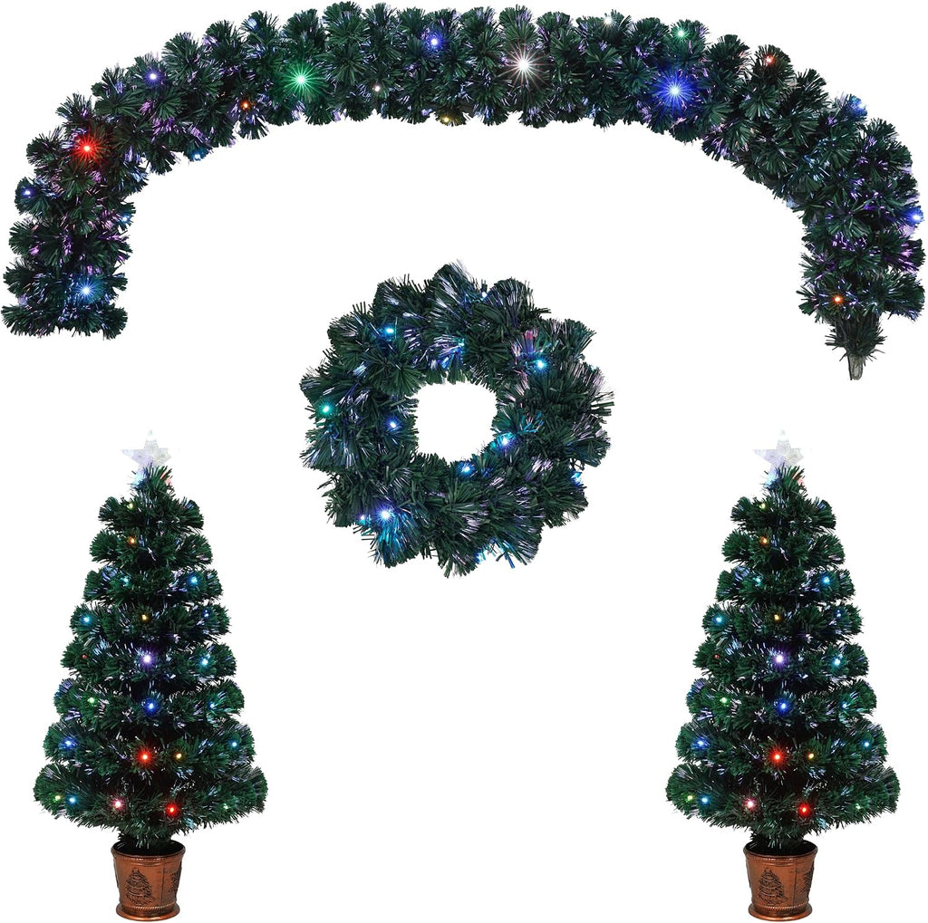 Pre-lit Artificial Christmas Tree 4-Piece Set,Optical Fiber Christmas Garland, Wreath and Set of 2 Pcs 3ft Entrance