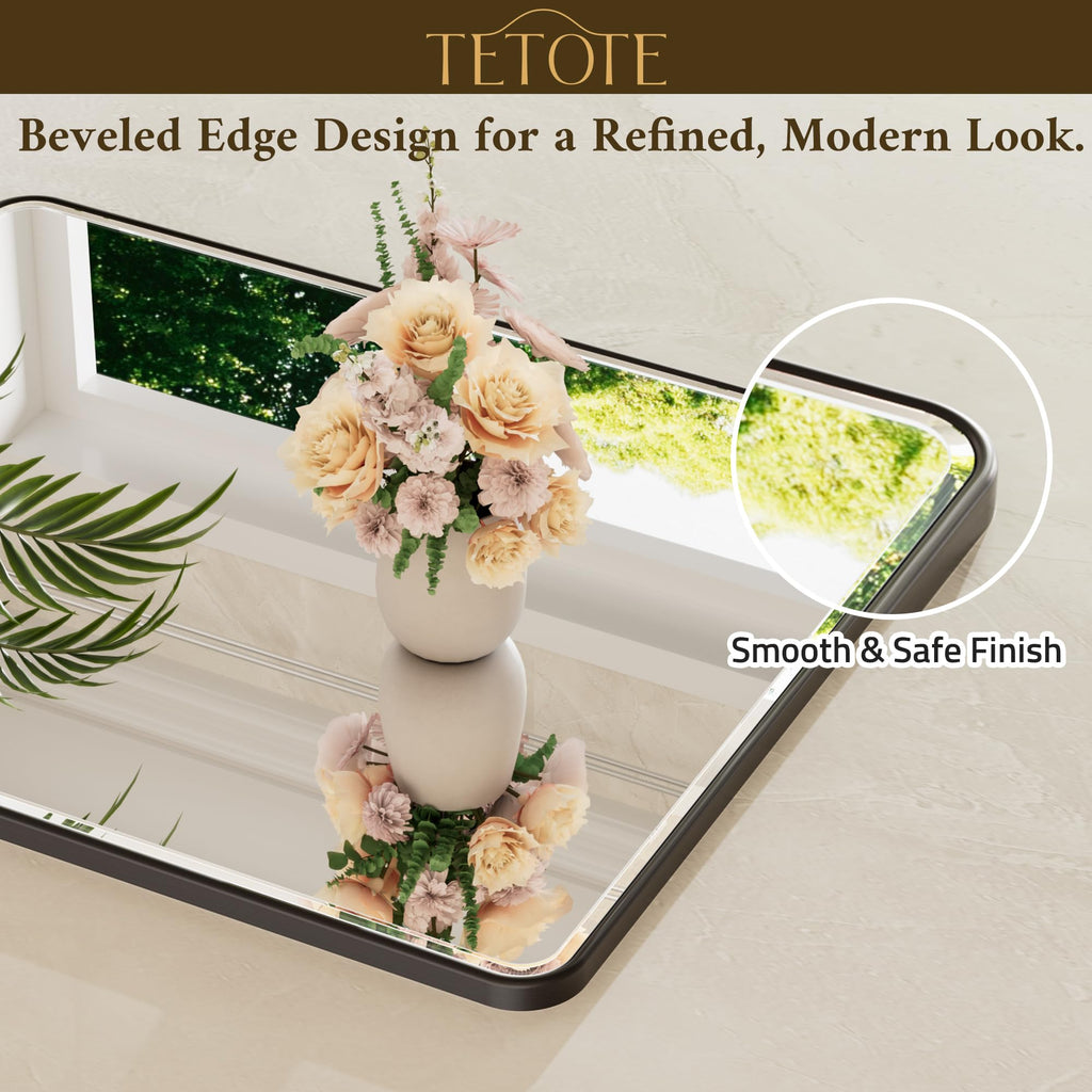 Black Mirrors for Wall 40 x 30 Beveled Edge Tempered Glass, Rounded Corner Rectangle Framed Mirror for Modern