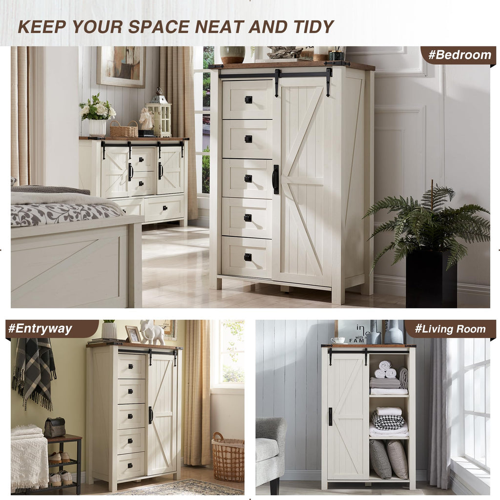 5 Drawers with Sliding Barn Doors, Antique White