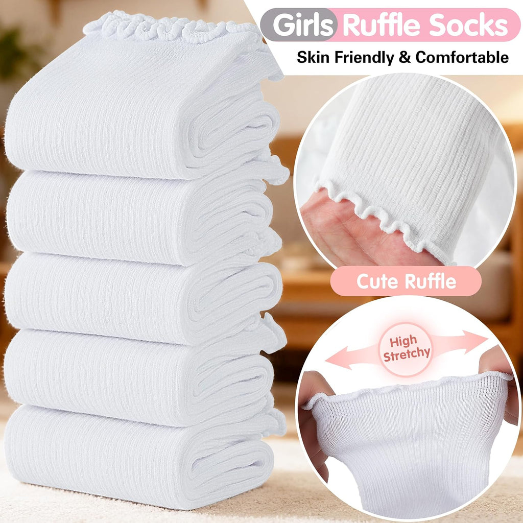 Girls Kids Ruffle Socks Uniform School Dress Frilly Cotton Crew Socks 6 Pairs