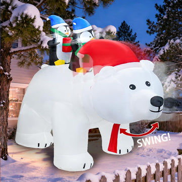 7FT Christmas Inflatable Penguins on Polar Bear with Shakable Head, Blow up Christmas Inflatable with Build-in LED
