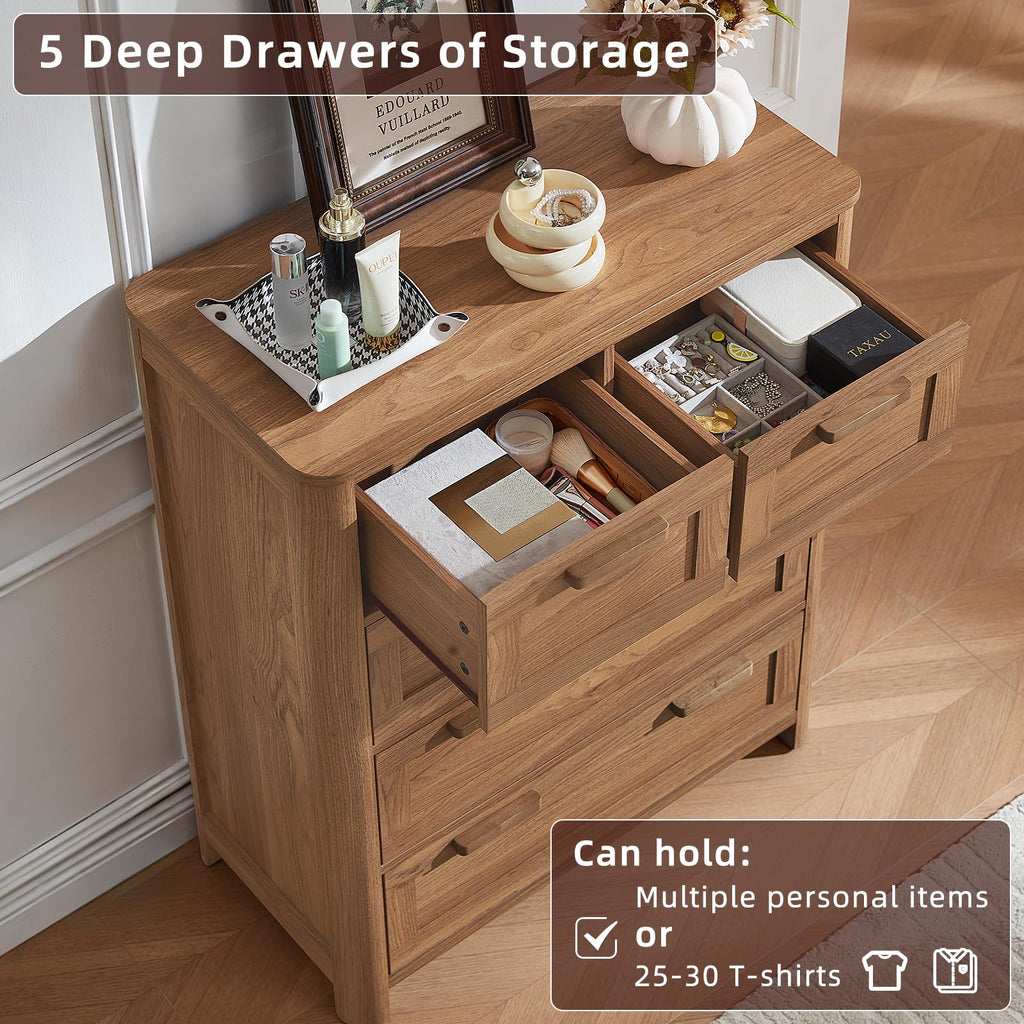 Farmhouse 5 Drawer Dressers, Brown