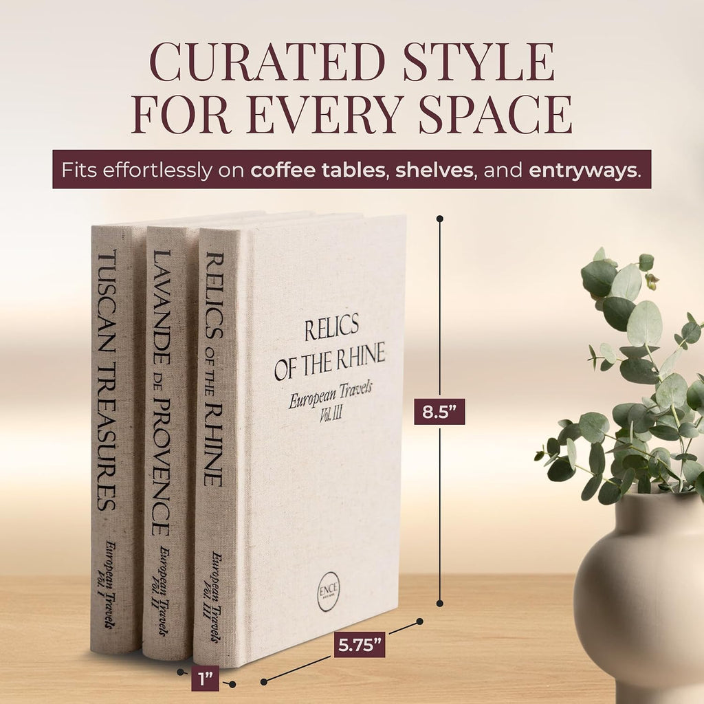 Ence Designs Decorative Books Decor Real Blank Pages Inside Set of 3 Designer-Inspired Faux Books with Beige Linen