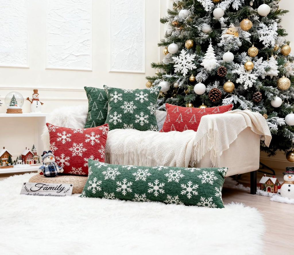 Christmas Chenille Pillow Covers 20x20, Reversible Snowflake & Tree Design, Cozy Farmhouse Holiday Throw - Set of 2