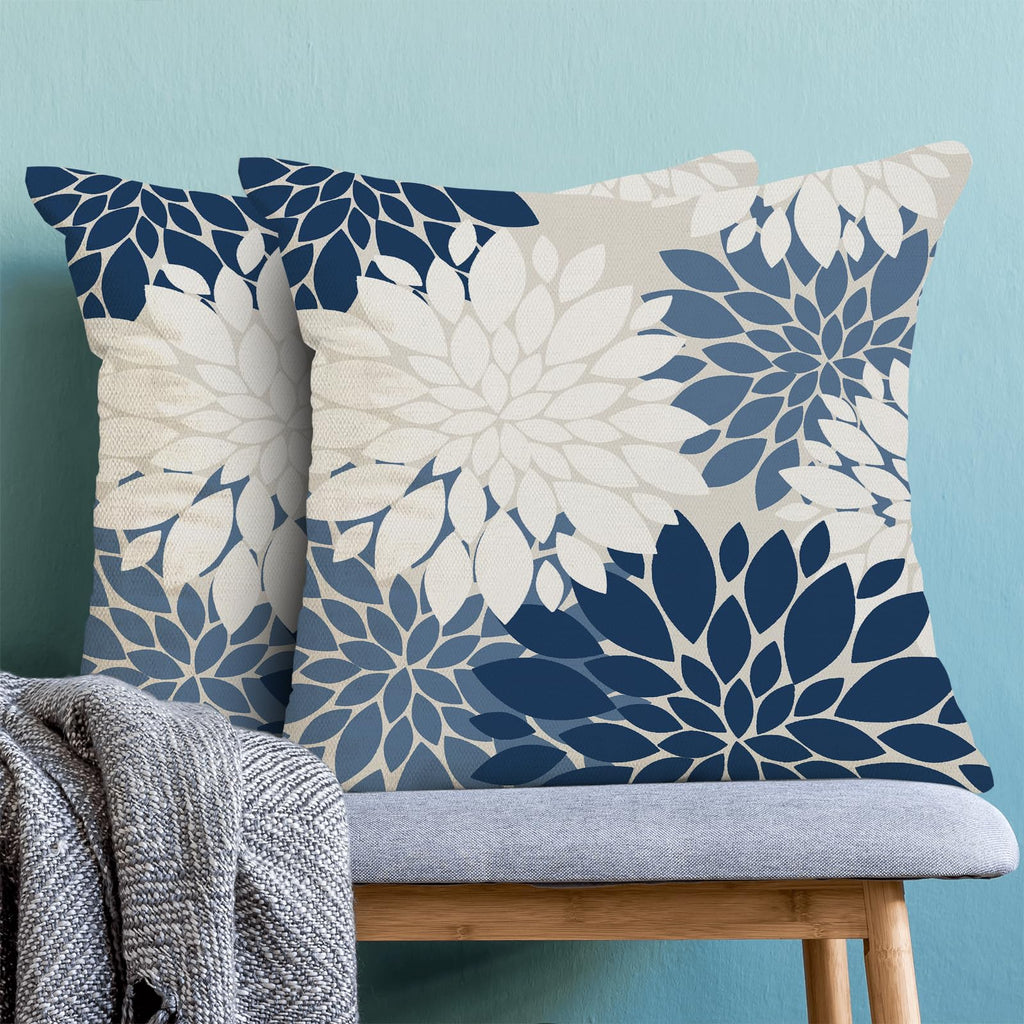 Navy Blue White Summer Outdoor Pillow Covers 24x24 Inch Set of 2 Dusty Blue Dahlia Floral Decor Throw Pillows Modern