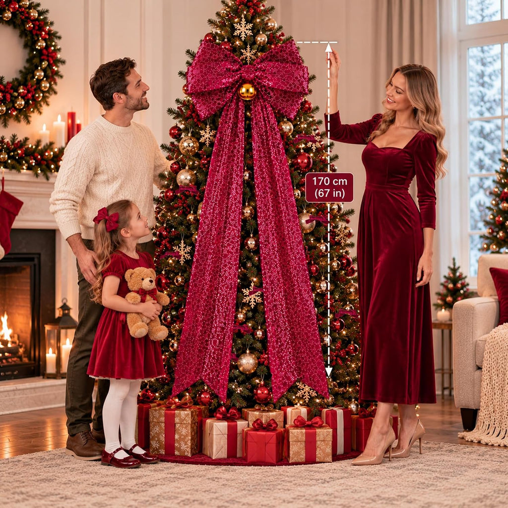 Extra Large Burgundy Velvet Bow Christmas Tree Topper with LED 1.97ft