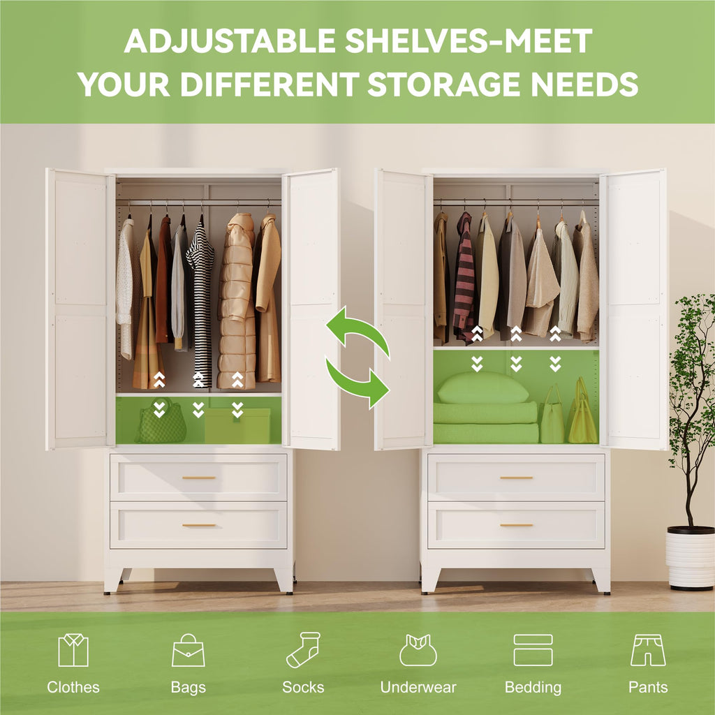Metal Wardrobe Cabinet with Hanging Rod, 71" Armoire Wardrobe Closet with 2 Drawers, Farmhouse Bedroom Armoire, Storage