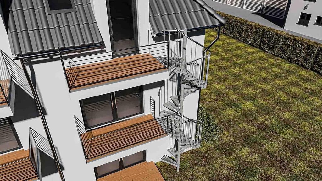 German Outdoor Spiral Staircase, Hot-Dip Galvanized Standpipe Expanded-Metal Step, Aluminum Handrail, 25-Step incl