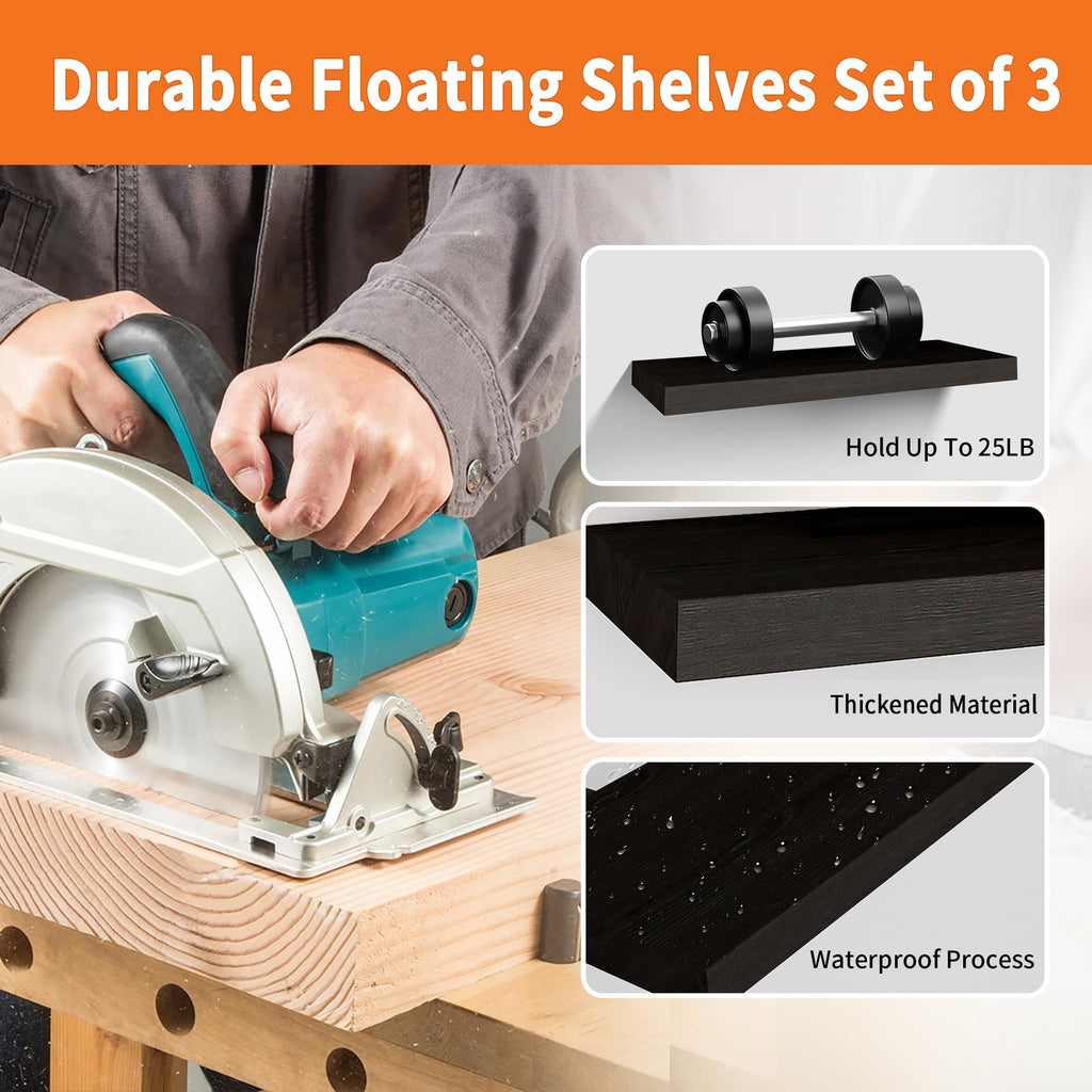 Floating Shelves for Wall Set of 3, 24" Black Wall Shelves Decor