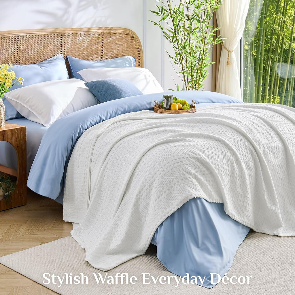 White Cooling Waffle Summer Blanket Queen Size for Bed, 90x90 Inch | 45% Cotton and 55% Rayon Derived from Bamboo