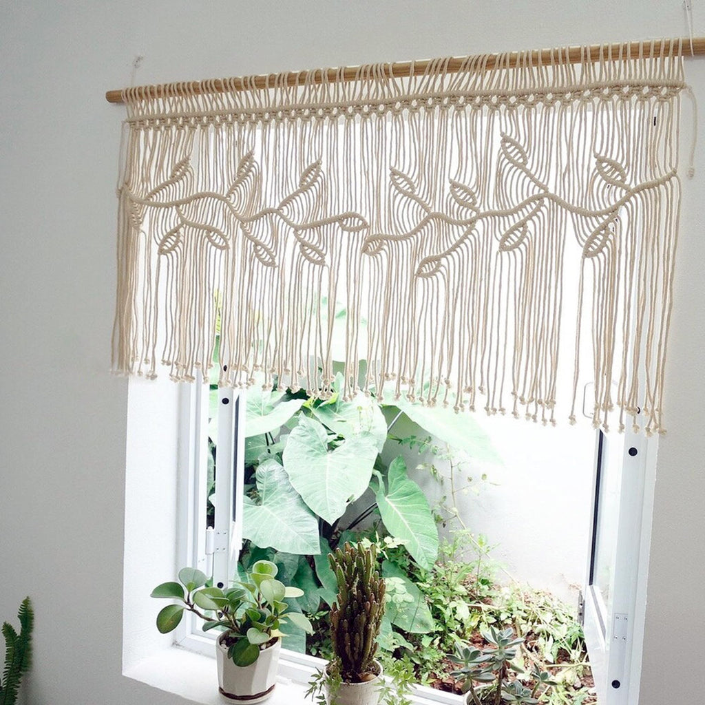 Macrame Valance Curtain for Kichen Windows 35.43*23.62Inch Farmhouse Boho Curtains Window Valance with Tassels Leaf