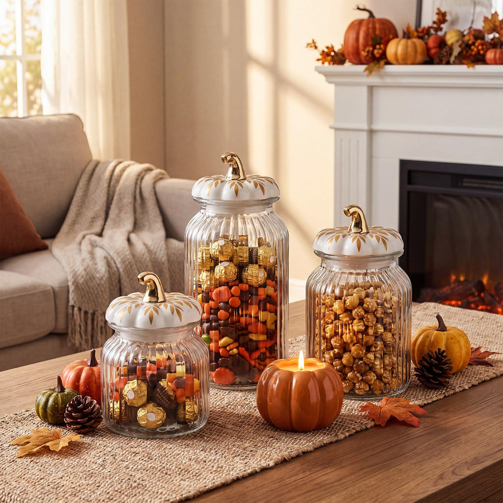 3 Set Fall Pumpkin Glass Jar with Pumpkin Airtight Ceramic Lid 44 oz 33 oz 22oz Clear Candy Jar Food Storage Canister