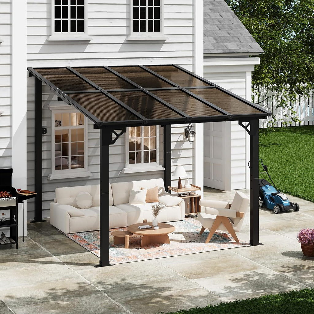 8x10FT Lean to Gazebo, Hardtop Metal Pergola with Polycarbonate Roof, Large Wall Mounted Heavy Duty Awnings