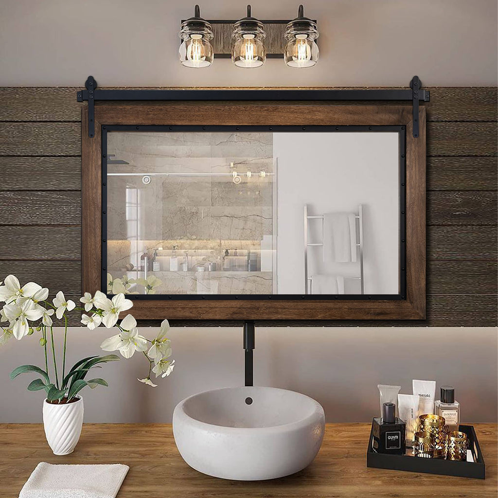 Farmhouse Barn Door Mirror, 48"x30" Rustic Bathroom Mirror, Wood Frame Wall Mirror, Wooden Mirror Bedroom Entryway