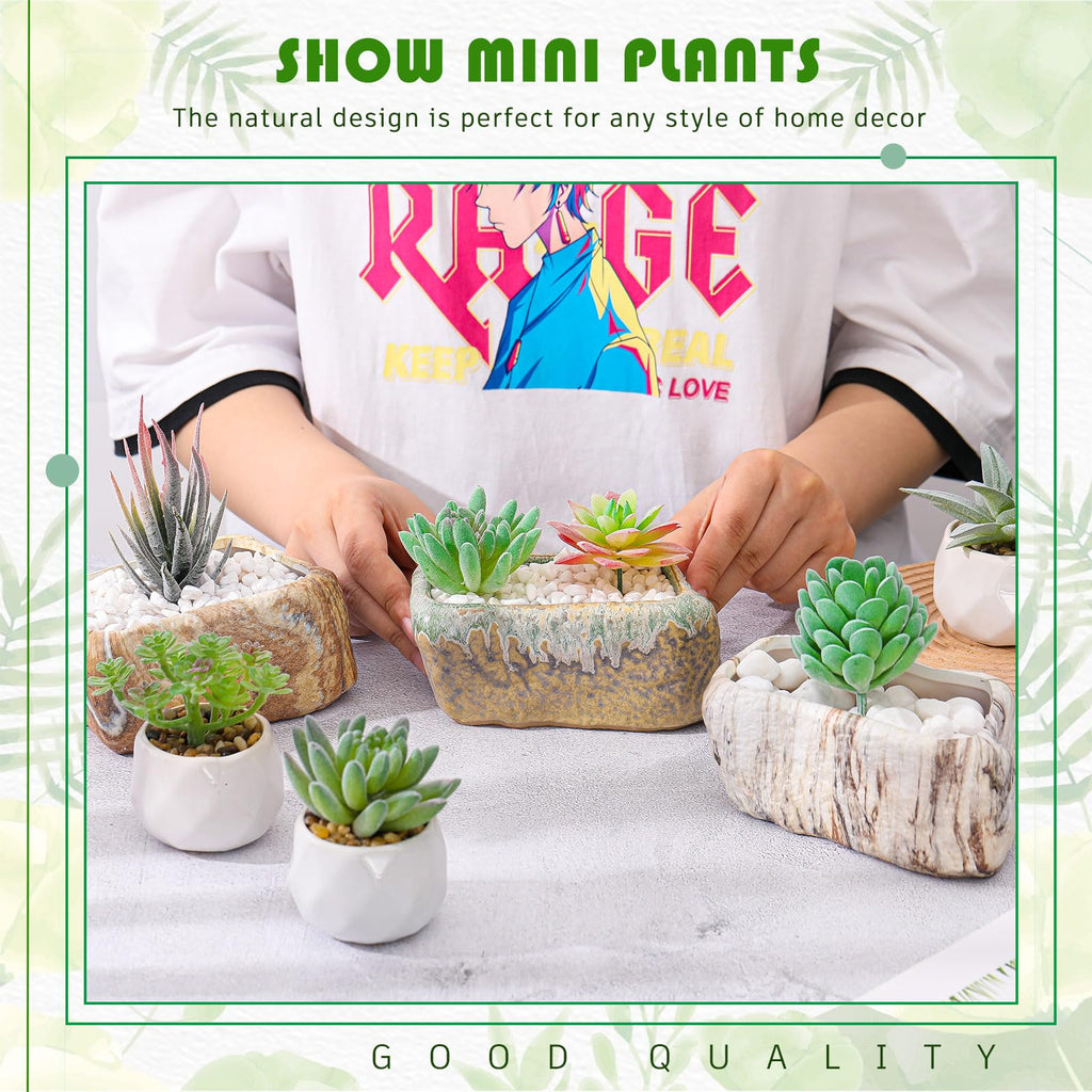 6 Pcs 5.3 Inch Ceramic Succulent Pots Stone Shape Bulk Rectangle Window Box Cactus Plant with Drainage Hole Succulent