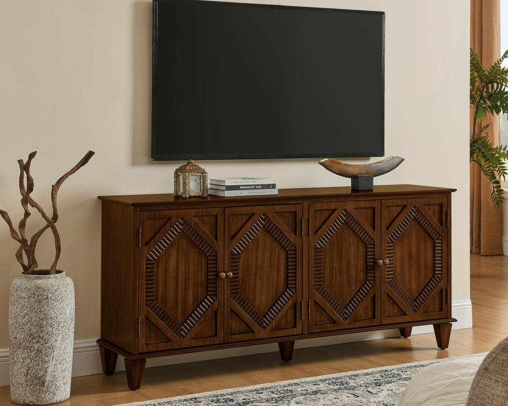 65" Mid Century Sideboard Buffet Cabinet with Solid Wood Legs, Accent Storage Cabinet Credenza with 4 Doors (Walnut)