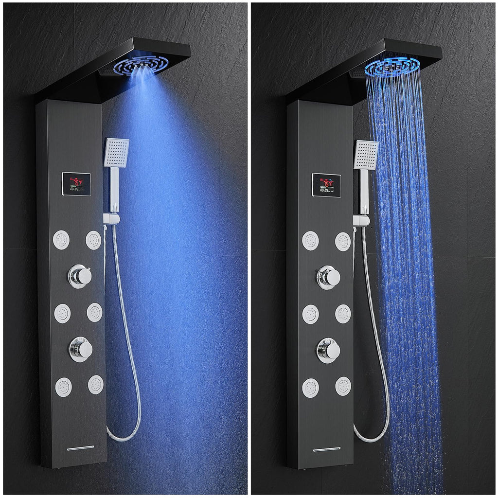 Stainless Steel Shower Panel Tower System with LED lights Black
