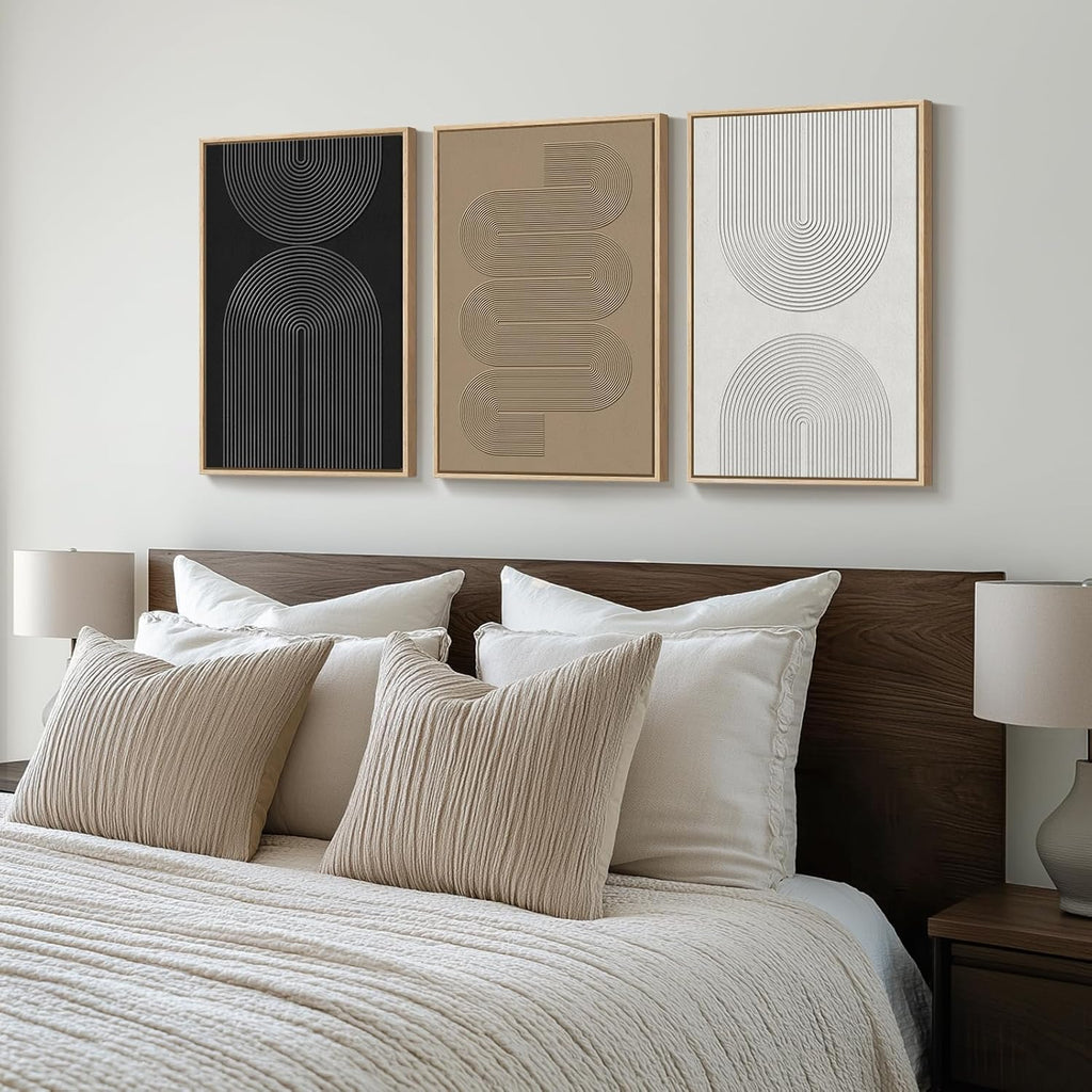 Framed Black and White Brown Abstract Wall Art, 3 Piece Boho Geometric Canvas Prints Paintings Artwork for Walls
