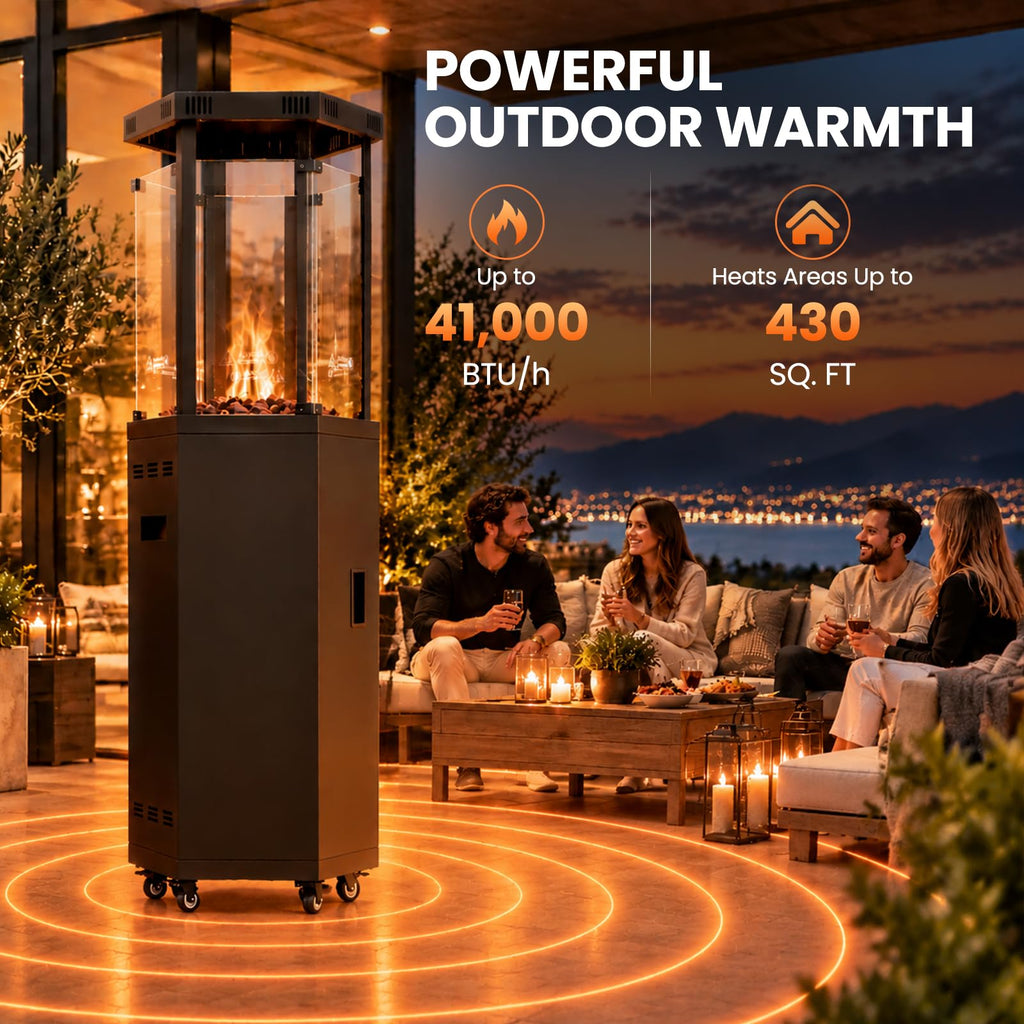 Outdoor Patio Heater, 41, 000 BTU Propane Glass Flame Tower with Wheels