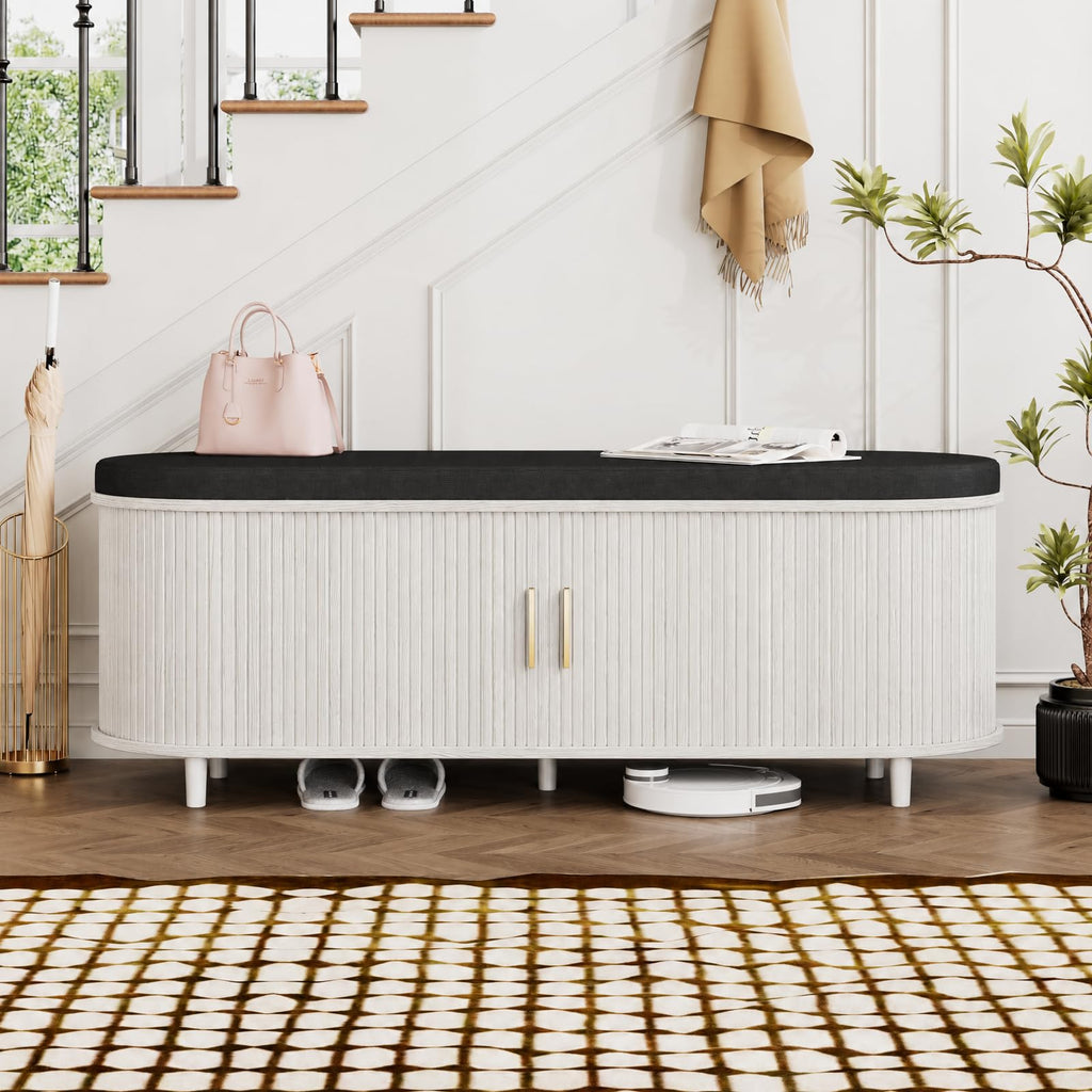 2-Tier Storage Bench, Wide Shoe Bench with Thickened Padded Seat Cushion, Mid Century Modern Fluted Sliding Door and