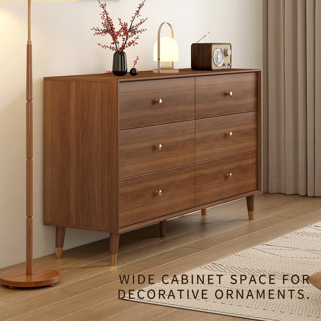 Mid Century Modern 6-Drawer Dresser, 47.2" Solid Wood Frame Chest, Walnut