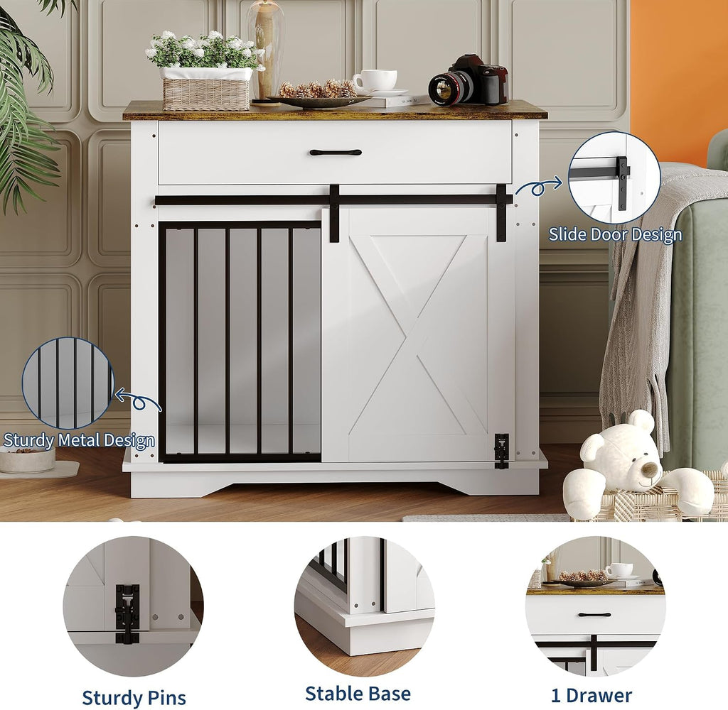Heavy Duty Dog Crate Furniture 38 Wood Kennel with Barn Door, White