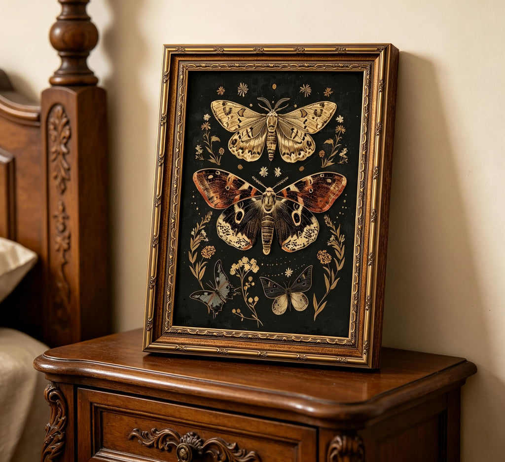 Vintage Gold Framed Wall Art, Retro Moth Framed Wall Art, Dark Botanical Butterfly Canvas Print, Gothic Floral Wall
