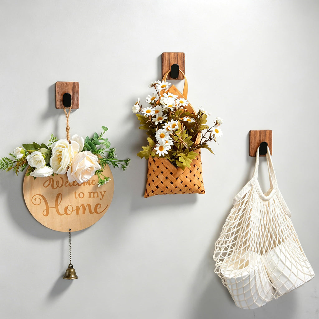 Rustic Style Hanging Towel Hooks - Decor Adhesive Wood Wall Hooks