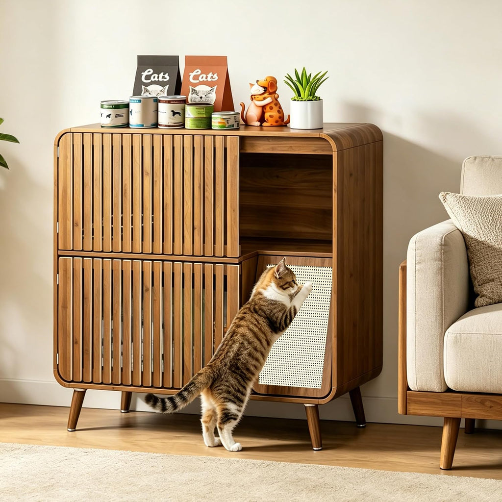 Dog Proof Cat Feeding Station, Pet Feeding Station with Storage, Walnut