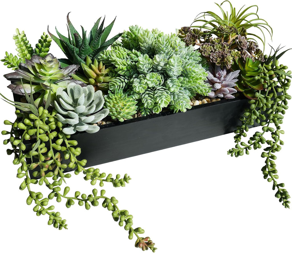 15" Artificial Succulents Arrangement Faux Succulents in Rectangular Black Wooden Planter Box Faux Potted Succulents