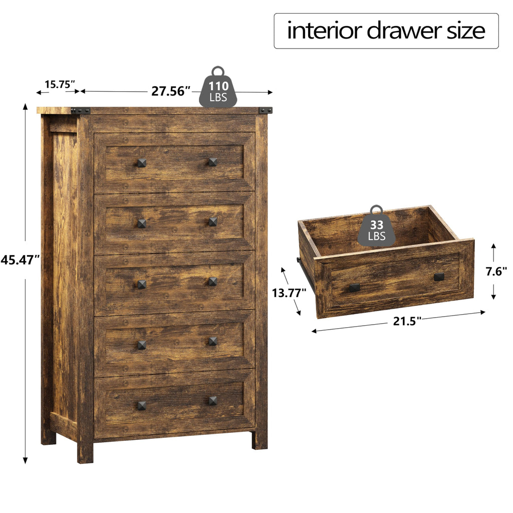 With 5 Drawers, Wood Dressers Chest of Drawers with Metal Handles, Modern Bedroom with Drawers for Closet Hallway