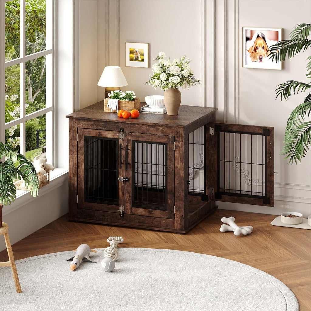 Farmhouse Dog Crate Furniture End Table - Heavy Duty Wooden Kennel Cabinet with Double Doors for Small/Medium Dogs