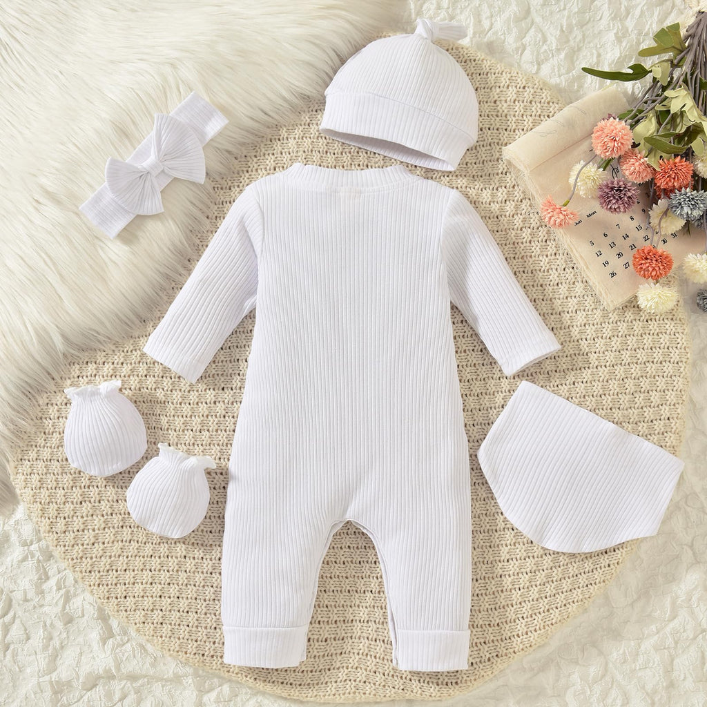 Newborn Baby Girl Ribbed Romper Infant Fall Winter Spring Clothes Coming Home Outfit Clothing White