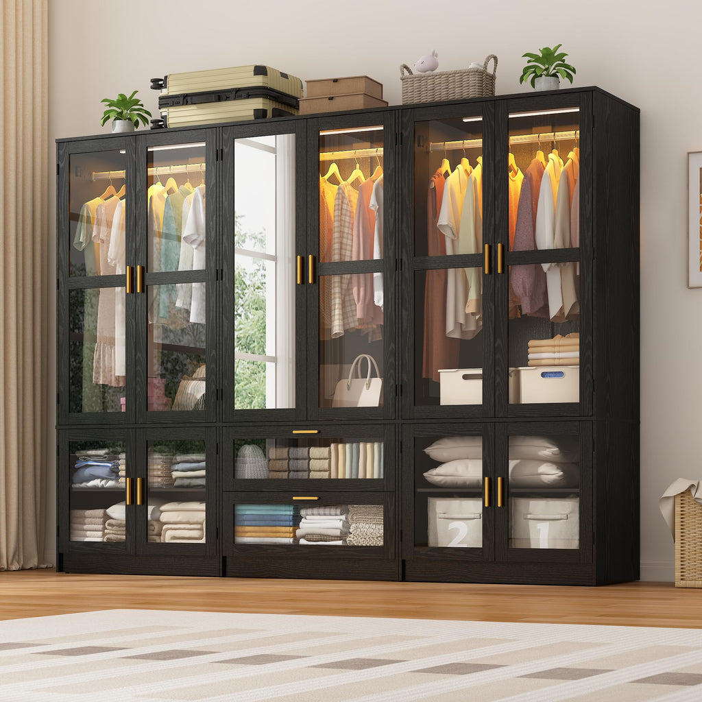 6 Doors Armoire Wardrobe Closet with LED and Mirror, 71" H Freestanding Wooden Wardrobe Closet Cabinet w 2