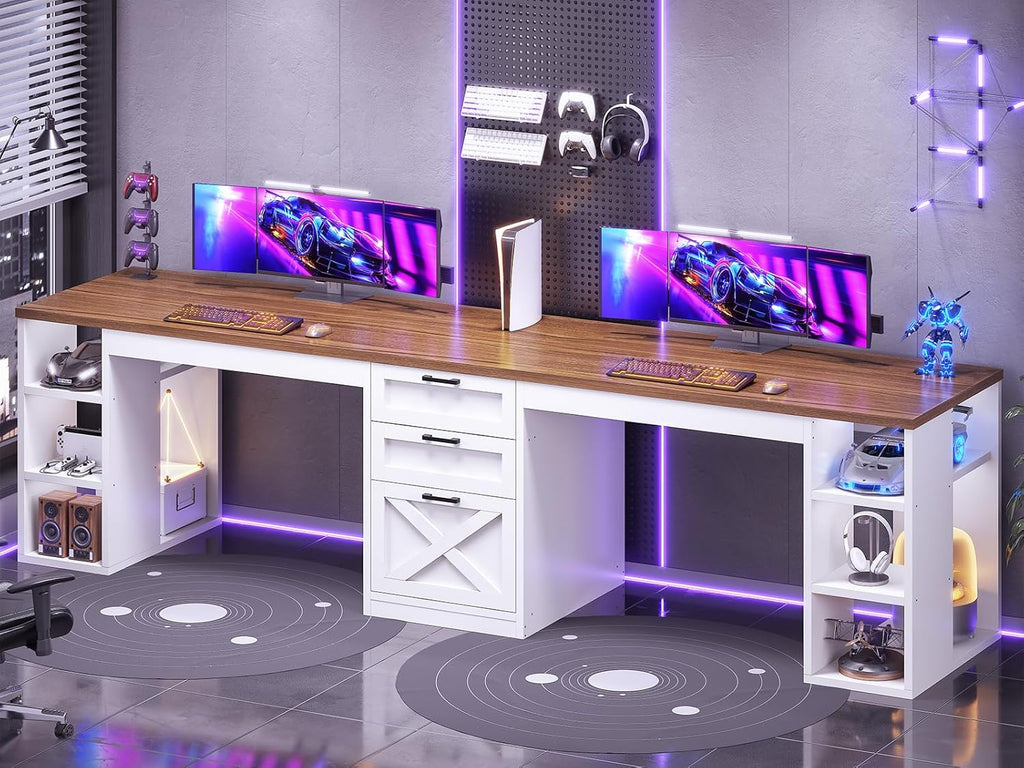 Farmhouse 96.5" Computer Desk with Drawers, 2 Person Home Office Desk, Gaming Double Desk with Storage Shelves