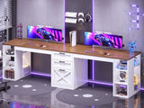 Farmhouse 96.5" Computer Desk with Drawers, 2 Person Home Office Desk, Gaming Double Desk with Storage Shelves