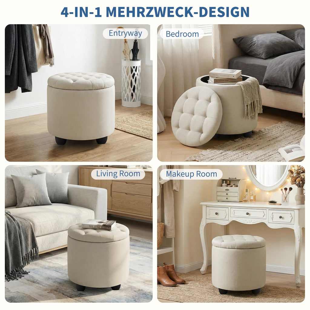 Modern Round Storage Ottoman, Button Tufted Ottoman Foot Stools Ottoman Footstool with Removable Lid Storage Ottoman