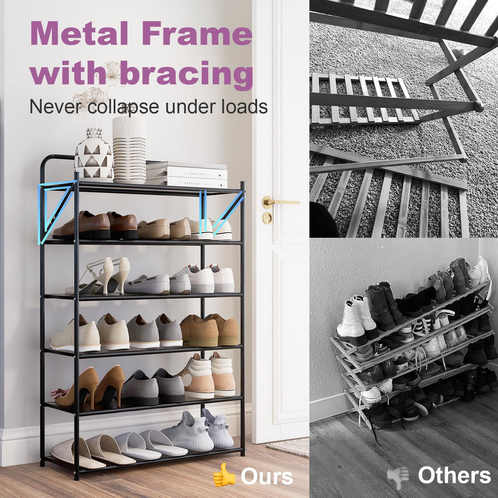 6 Tier No-Assembly Shoe Rack, Foldable Shoes Rack Organizer Without Installation, Portable Solid Metal Shoe Shelves