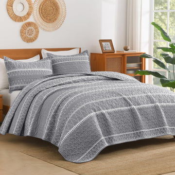 King Quilt Set Grey, 3 Pieces Boho Striped Bedspread - Set of 3
