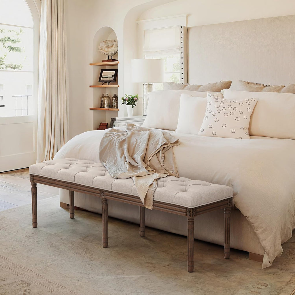 60" Fabric End of Bed Bench, Upholstered Tufted French Bedroom Bench with Carved Dark Brown Legs End of King Size