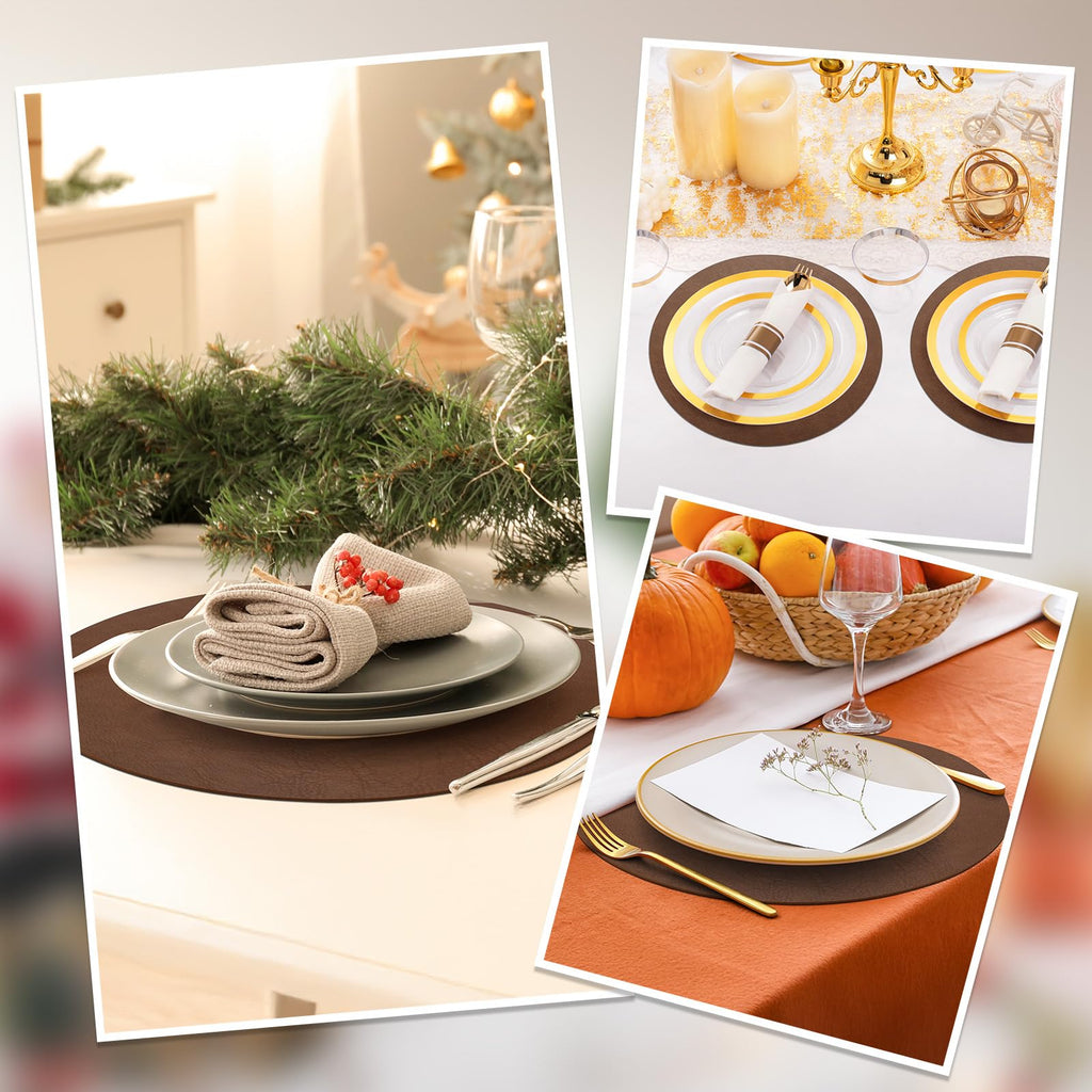 Faux Leather Round Placemats with Coasters Set of 6, 13x13 Inch Non-Slip Heat Resistant Dual-Sided Brown Place Mats