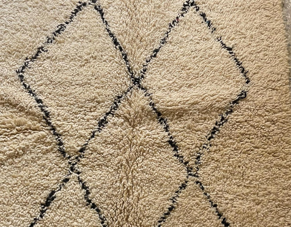 Wool Rug 6' x 9' - Handmade Berber Shag Area Rug, Beni Ourain Style, Ivory/Cream with Charcoal Ladder Diamond Pattern