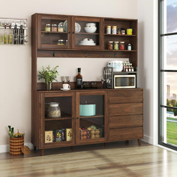 63" W Large Kitchen Hutch Cabinet, Freestanding Pantry Storage Cabinet with Hutch, 4 Doors 4 Drawers & Microwave