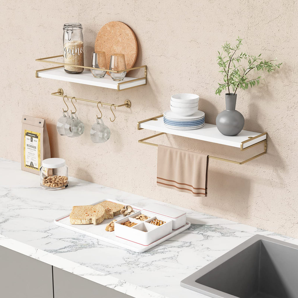 Floating Bathroom Shelves Wall Mounted, White and Gold Wall Shelf