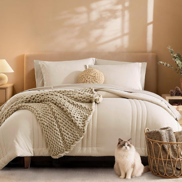 Monbix Comforter Set - 7 Pieces Beige Bed in a Bag Bedding Sets with Comforters