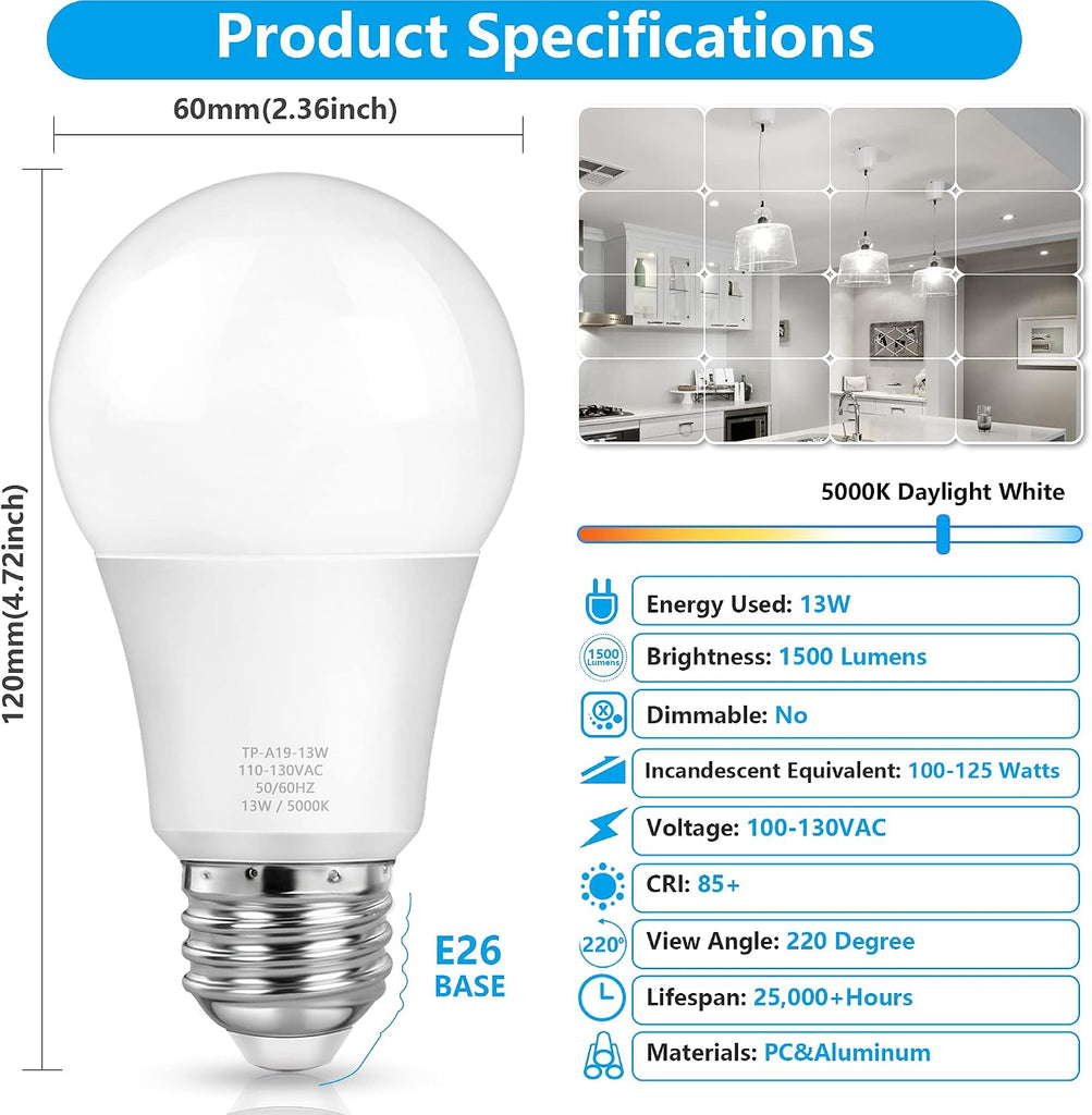 A19 LED Light Bulbs, 100 Watt Equivalent LED Bulbs, Daylight White 5000K, 1500LM, E26 Base, Non-Dimmable, 13W Bright