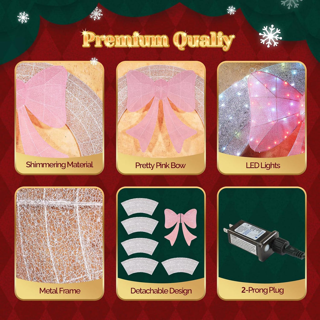 60IN Prelit Outdoor Christmas Wreath Decoration, Large Silver Lighted Metal Front Door Garland with Pink Bow, 280 RGB
