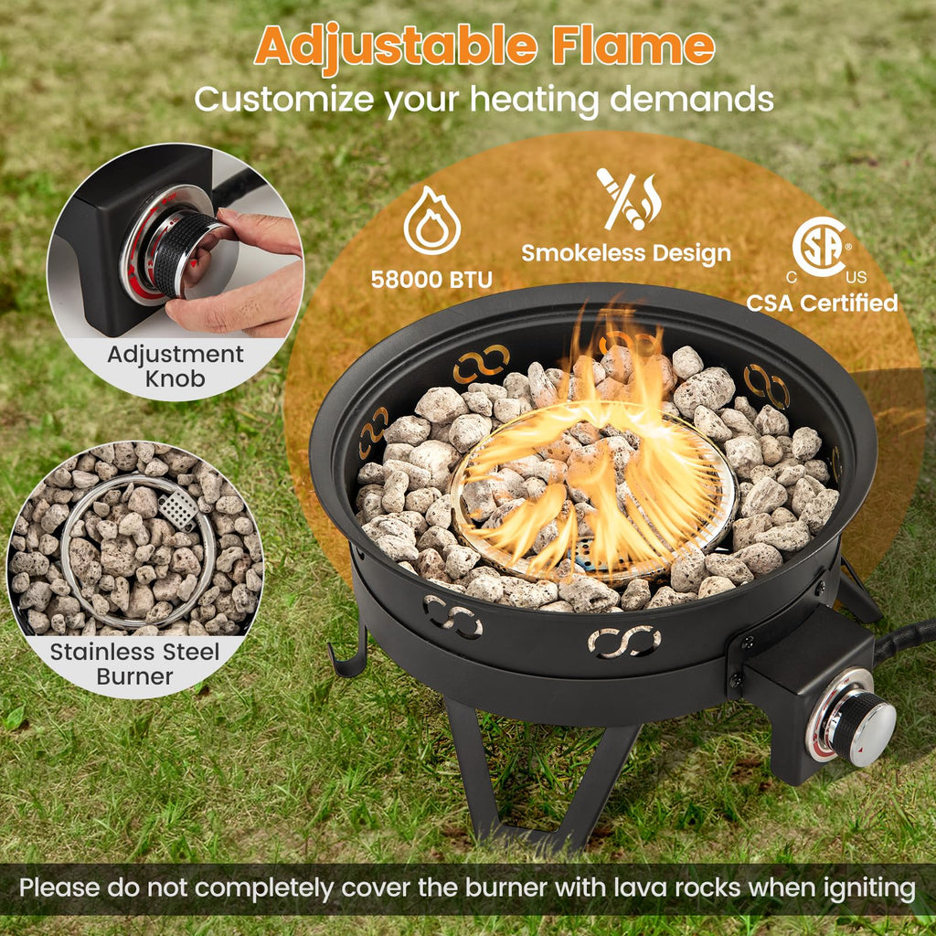 Portable Propane Fire Pit, 17" Outdoor Fire Bowl w/Foldable Legs