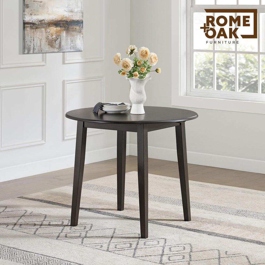 Hinged Drop Leaf Dining Table, 22-36" Round Tabletop, Dark Brown