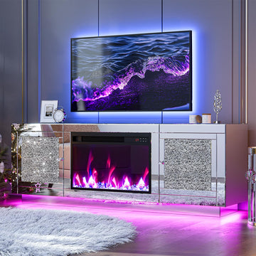 Mirrored Fireplace TV Stand for 65+ inch TV, Mirrored TV Stand with Crushed Diamond & LED Light, Silver Media